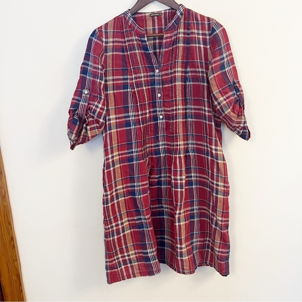 J. McLaughlin Rivera Plaid Linen Dress Size Medium Red/Blue Button Front
